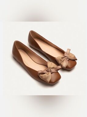 Marcelle Vignon Women’s Brown Shoes Square Toe Flats Olive Bow Size 38.5